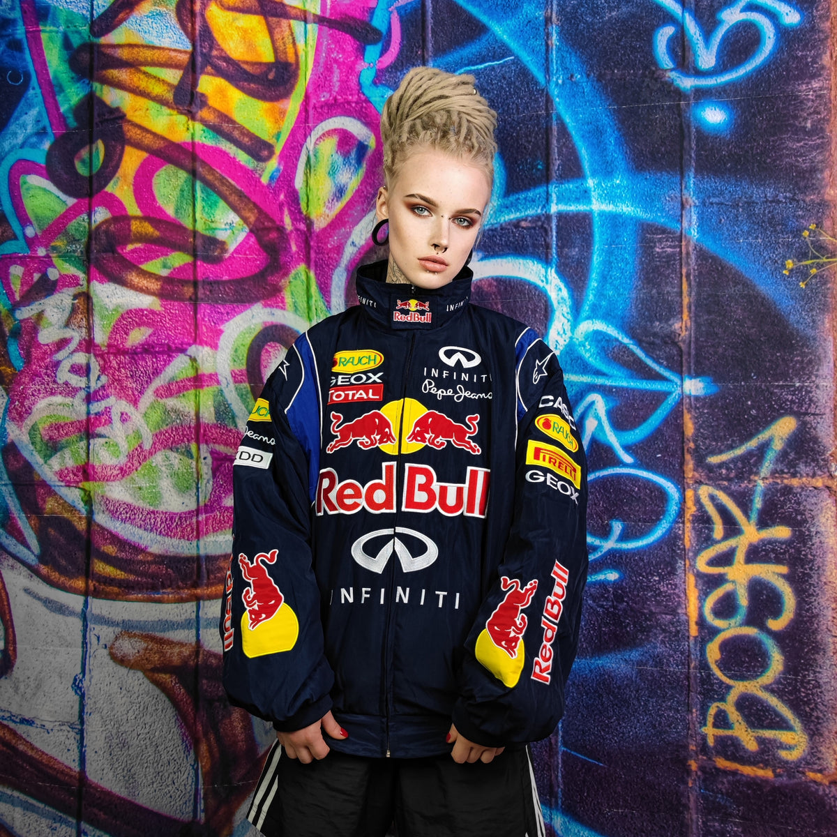 Redbull racing jacket multi patch motorcycle bomber college varsity Formula 1 vintage grunge letterman premium biker jacket in blue