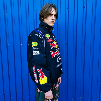 Redbull racing jacket multi patch motorcycle bomber college varsity Formula 1 vintage grunge letterman premium biker jacket in blue