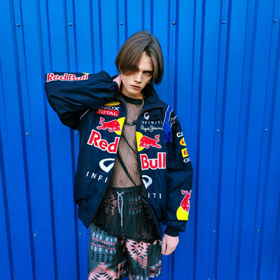 Redbull racing jacket multi patch motorcycle bomber college varsity Formula 1 vintage grunge letterman premium biker jacket in blue