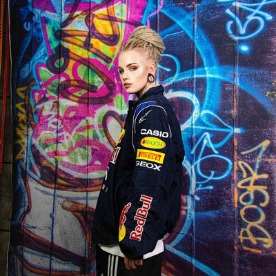 Redbull racing jacket multi patch motorcycle bomber college varsity Formula 1 vintage grunge letterman premium biker jacket in blue