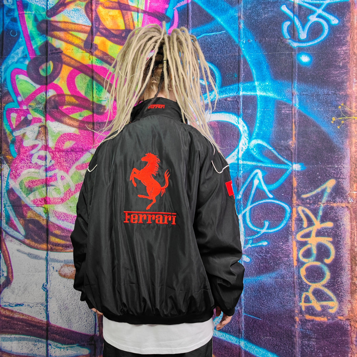 F1 racing jacket multi patch Ferrari motorcycle varsity vintage Formula one letterman bomber premium biker jacket in black red