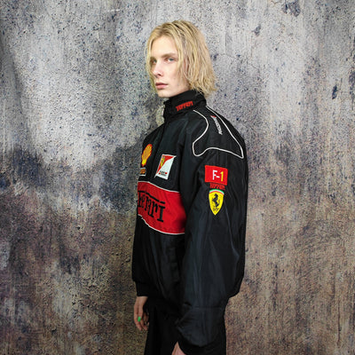 F1 racing jacket multi patch Ferrari motorcycle varsity vintage Formula one letterman bomber premium biker jacket in black red