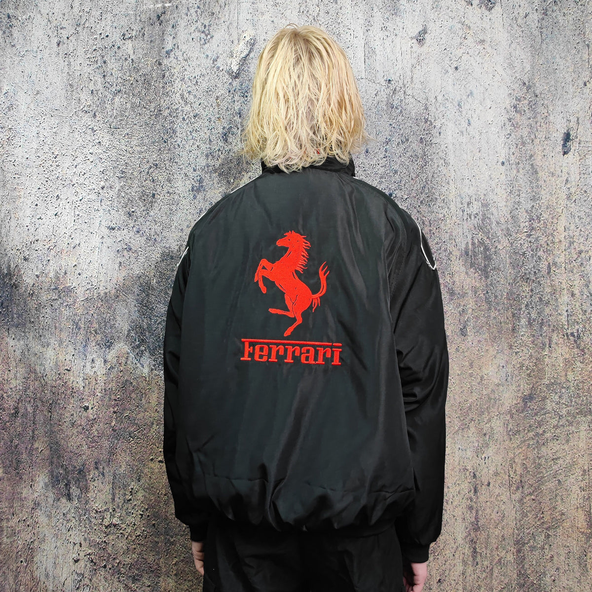F1 racing jacket multi patch Ferrari motorcycle varsity vintage Formula one letterman bomber premium biker jacket in black red