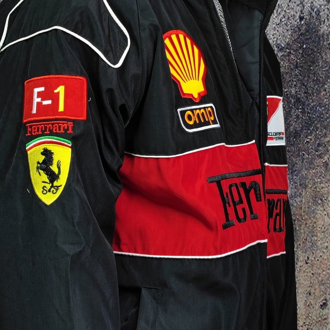 F1 racing jacket multi patch Ferrari motorcycle varsity vintage Formula one letterman bomber premium biker jacket in black red