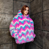 Festival fleece jacket handmade detachable fluffy rave bomber fluorescent faux fur premium grunge top raver coat in pink blue