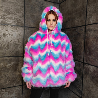 Festival fleece jacket handmade detachable fluffy rave bomber fluorescent faux fur premium grunge top raver coat in pink blue