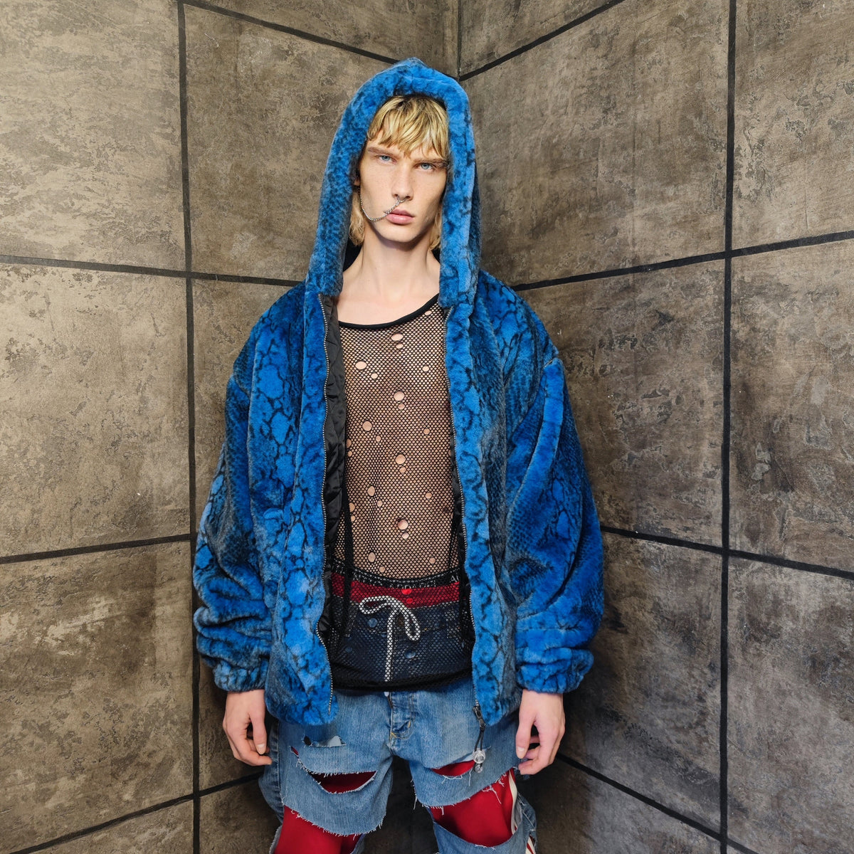 Luxury snake jacket faux fur python print bomber handmade detachable fluffy fleece puffer premium grunge hooded coat in blue