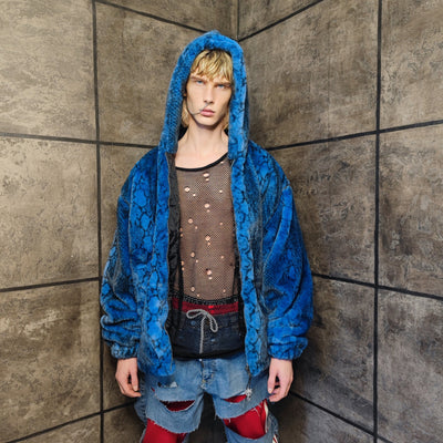 Luxury snake jacket faux fur python print bomber handmade detachable fluffy fleece puffer premium grunge hooded coat in blue