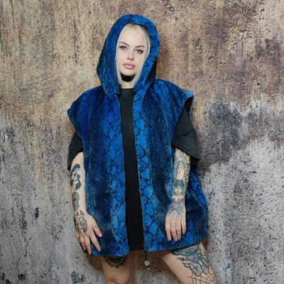 Luxury snake jacket faux fur python print bomber handmade detachable fluffy fleece puffer premium grunge hooded coat in blue