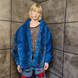 Luxury snake jacket faux fur python print bomber handmade detachable fluffy fleece puffer premium grunge hooded coat in blue