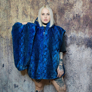 Luxury snake jacket faux fur python print bomber handmade detachable fluffy fleece puffer premium grunge hooded coat in blue