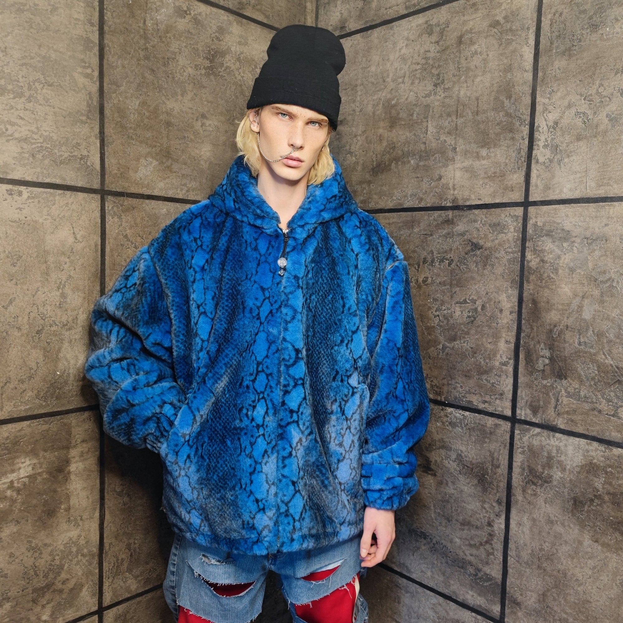 Luxury snake jacket faux fur python print bomber handmade detachable fluffy fleece puffer premium grunge hooded coat in blue