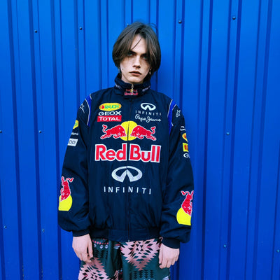 Redbull racing jacket multi patch motorcycle bomber college varsity Formula 1 vintage grunge letterman premium biker jacket in blue