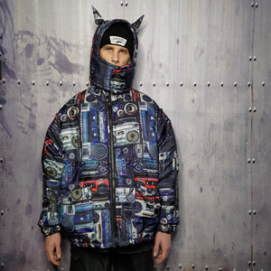 Rave bomber handmade detachable retro hi-fi pattern puffer devil horn reversible grunge jacket two sided techno coat in blue and black