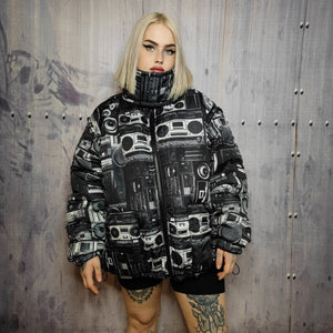 Rave bomber handmade detachable retro hi-fi pattern puffer devil horn reversible grunge jacket two sided techno coat in black and blue