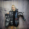 Rave bomber handmade detachable retro hi-fi pattern puffer devil horn reversible grunge jacket two sided techno coat in black and blue