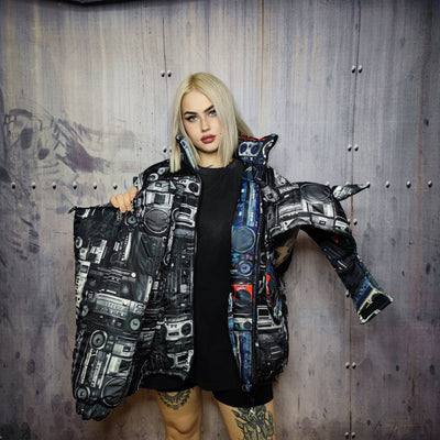 Rave bomber handmade detachable retro hi-fi pattern puffer devil horn reversible grunge jacket two sided techno coat in black and blue