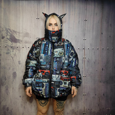 Rave bomber handmade detachable retro hi-fi pattern puffer devil horn reversible grunge jacket two sided techno coat in black and blue