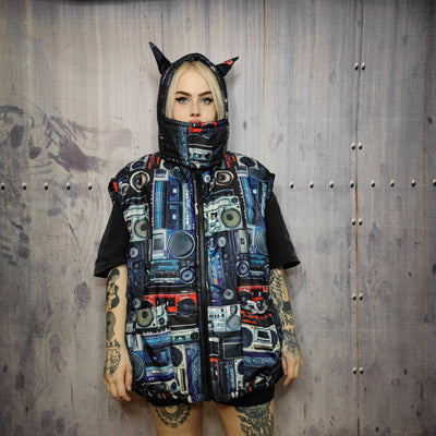 Rave bomber handmade detachable retro hi-fi pattern puffer devil horn reversible grunge jacket two sided techno coat in black and blue