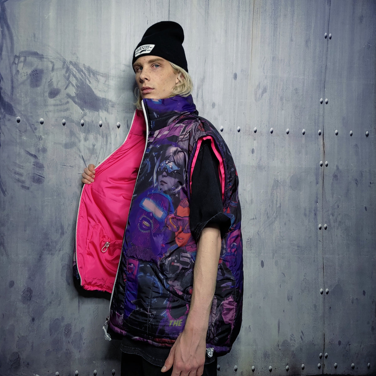 Anime bomber handmade detachable Japanese cartoon puffer devil horn reversible jacket two sided Kawaii coat in blue and pink