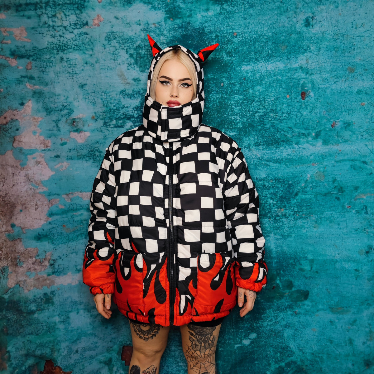 Flame print bomber handmade detachable check pattern puffer devil horn reversible jacket two sided chequerboard coat in black white Grey