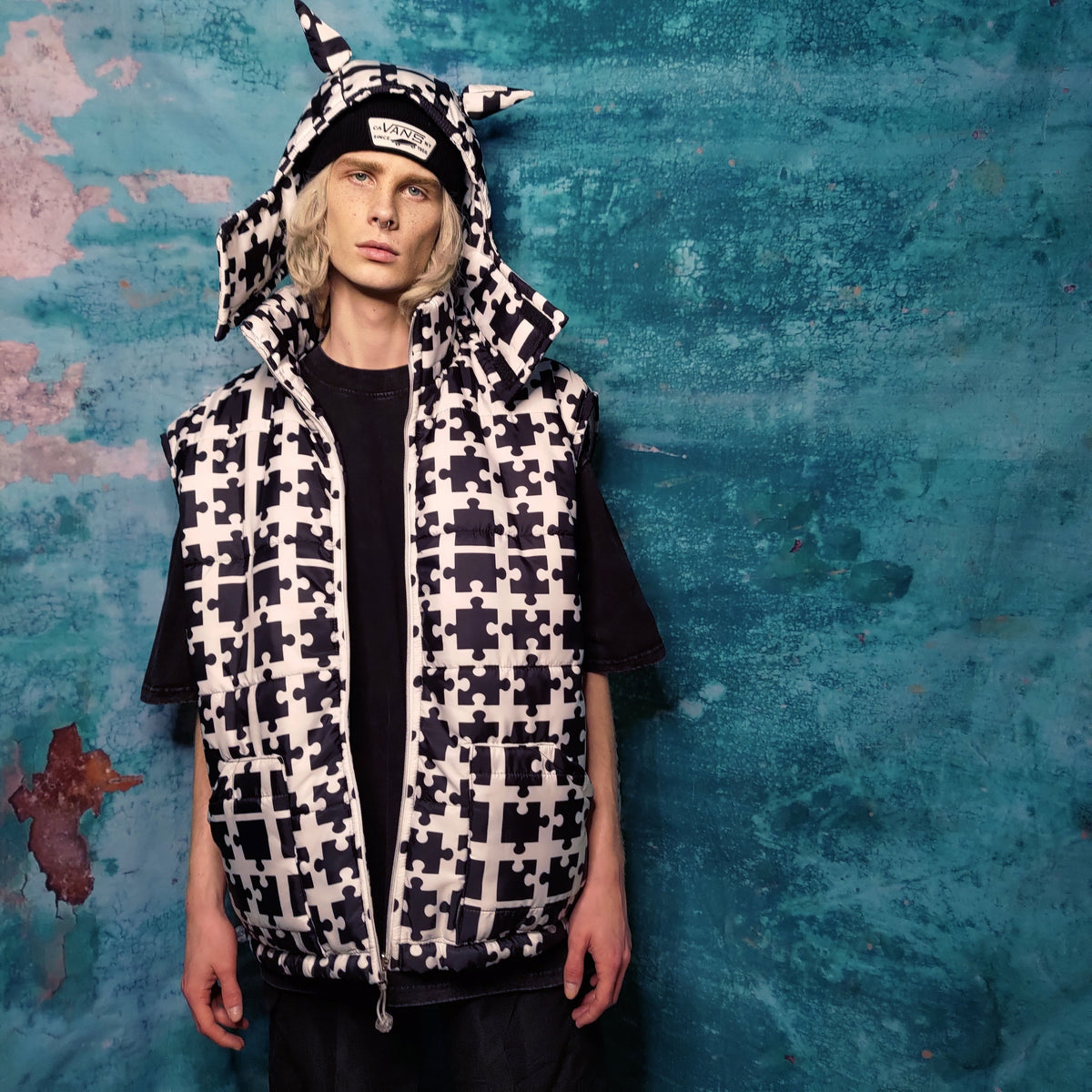 Puzzle print bomber handmade detachable check pattern puffer devil horn reversible grunge jacket two sided coat in black white