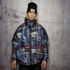 Rave bomber handmade detachable retro hi-fi pattern puffer devil horn reversible grunge jacket two sided techno coat in blue and black