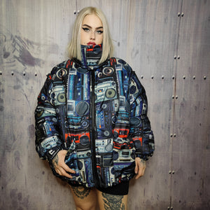 Rave bomber handmade detachable retro hi-fi pattern puffer devil horn reversible grunge jacket two sided techno coat in black and blue