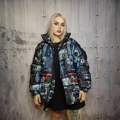 Rave bomber handmade detachable retro hi-fi pattern puffer devil horn reversible grunge jacket two sided techno coat in black and blue