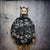 Rave bomber handmade detachable retro hi-fi pattern puffer devil horn reversible grunge jacket two sided techno coat in black and blue