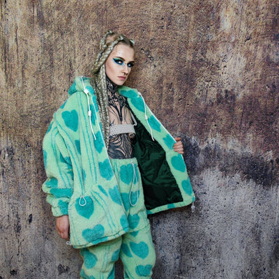 Heart fleece jacket detachable luxury bomber handmade fluffy love emoji puffer premium grunge hooded coat in green