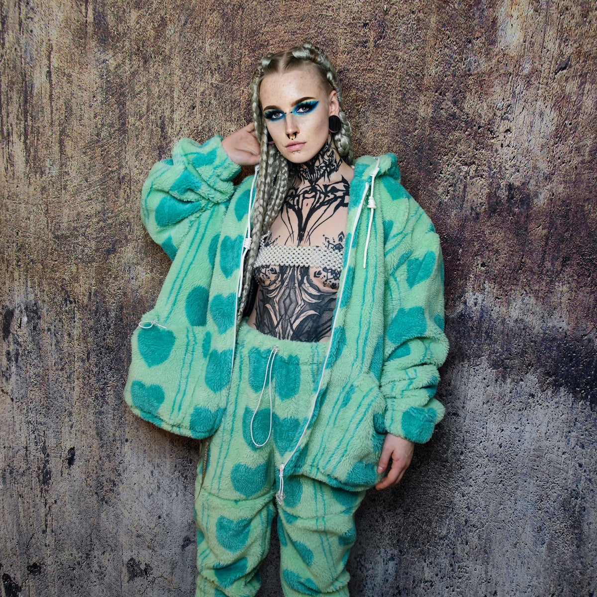 Heart fleece jacket detachable luxury bomber handmade fluffy love emoji puffer premium grunge hooded coat in green