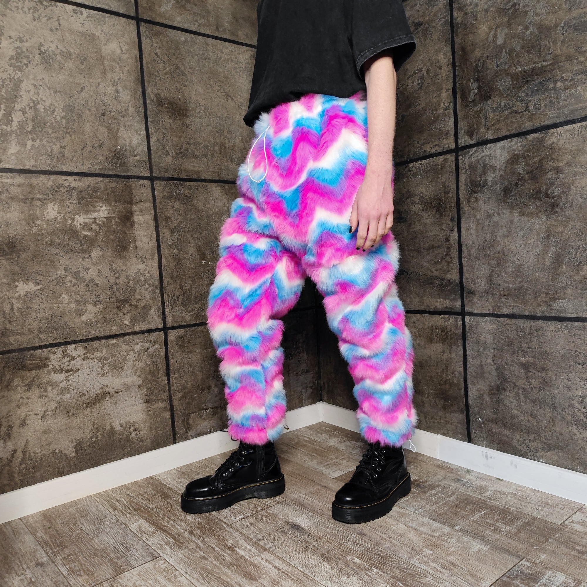 Festival faux fur joggers luminous detachable rave pants handmade fluorescent fleece party shorts premium Pride overalls in electric pink