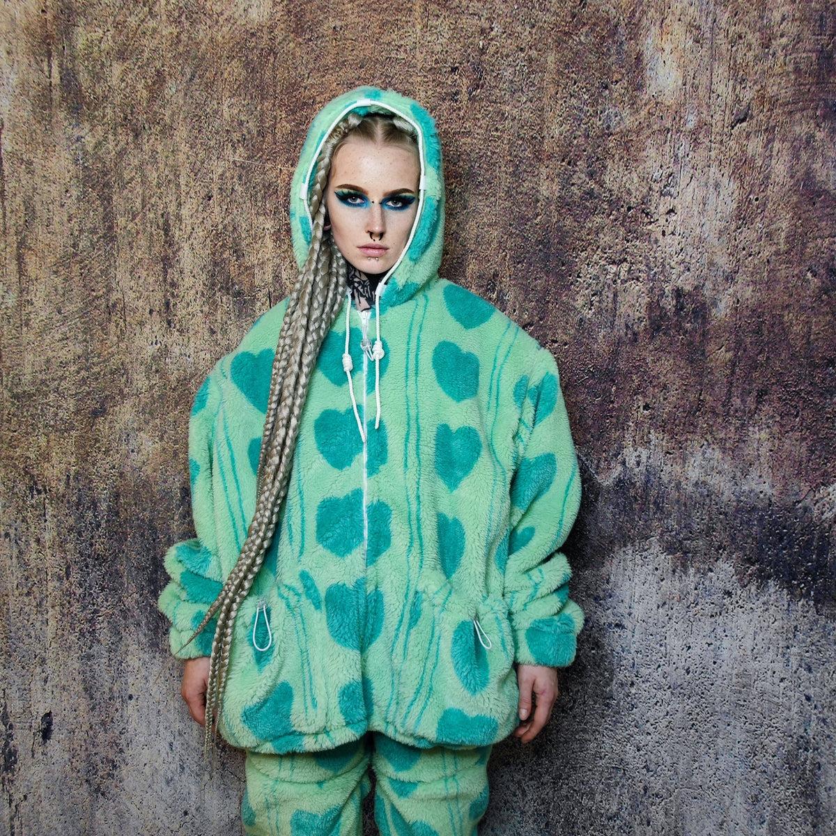 Heart fleece jacket detachable luxury bomber handmade fluffy love emoji puffer premium grunge hooded coat in green