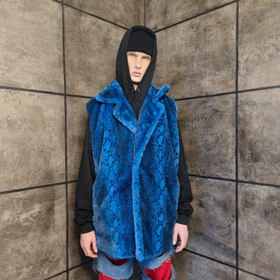 Luxury faux fur snake coat python print bomber handmade detachable fluffy jacket fleece puffer premium grunge trench in blue