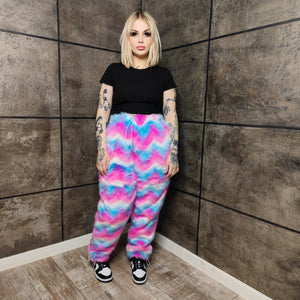 Festival faux fur joggers luminous detachable rave pants handmade fluorescent fleece party shorts premium Pride overalls in electric pink