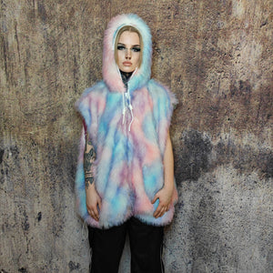 Faux fur luxury jacket handmade pastel fleece rave jacket premium fluffy hooded festival coat barbie bomber tie-dye puffer in pink blue