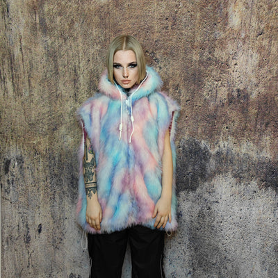 Faux fur luxury jacket handmade pastel fleece rave jacket premium fluffy hooded festival coat barbie bomber tie-dye puffer in pink blue