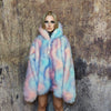 Faux fur luxury jacket handmade pastel fleece rave jacket premium fluffy hooded festival coat barbie bomber tie-dye puffer in pink blue