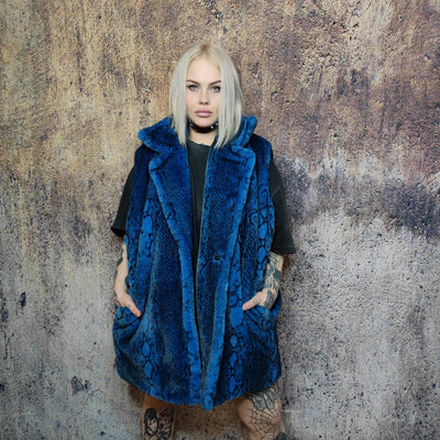 Luxury faux fur snake coat python print bomber handmade detachable fluffy jacket fleece puffer premium grunge trench in blue