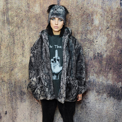 Luxury snake jacket faux fur python print bomber handmade detachable fluffy fleece puffer premium grunge hooded coat in grey black