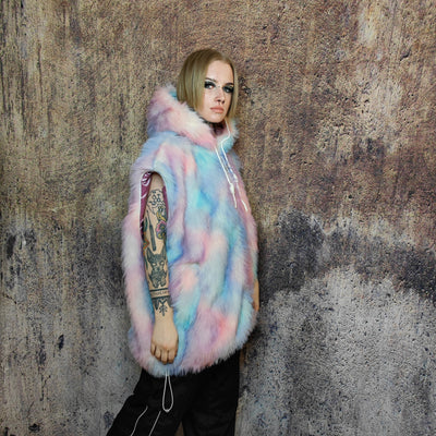 Faux fur luxury jacket handmade pastel fleece rave jacket premium fluffy hooded festival coat barbie bomber tie-dye puffer in pink blue