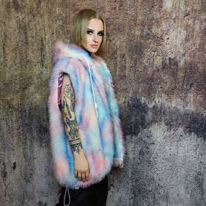 Faux fur luxury jacket handmade pastel fleece rave jacket premium fluffy hooded festival coat barbie bomber tie-dye puffer in pink blue