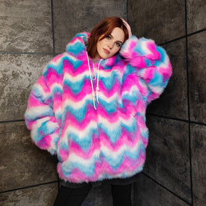 Festival fleece jacket handmade detachable fluffy rave bomber fluorescent faux fur premium grunge top raver coat in pink blue