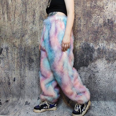 Tie-dye faux fur joggers luxury fleece party pants handmade Barbie trousers fluffy premium festival overalls in pastel pink