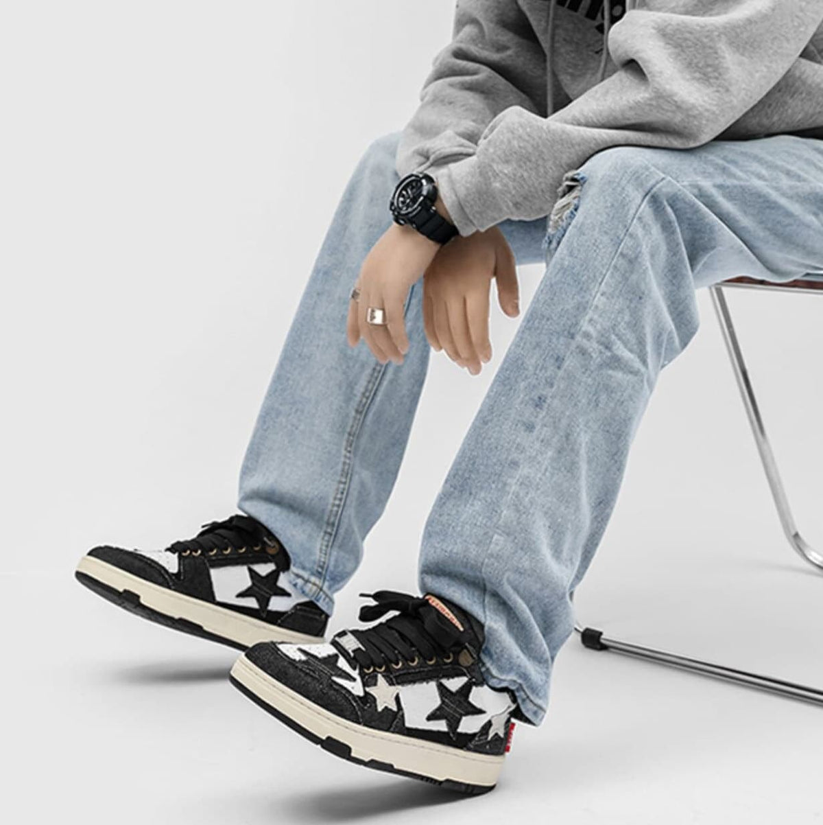 Denim patch sneakers stars applique classic trainers jeans skater shoes retro chunky high tops in black white