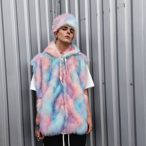 Faux fur luxury jacket handmade pastel fleece rave jacket premium fluffy hooded festival coat barbie bomber tie-dye puffer in pink blue