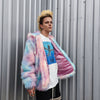 Faux fur luxury jacket handmade pastel fleece rave jacket premium fluffy hooded festival coat barbie bomber tie-dye puffer in pink blue