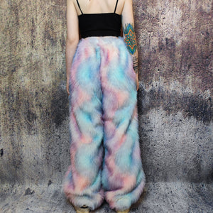 Tie-dye faux fur joggers luxury fleece party pants handmade Barbie trousers fluffy premium festival overalls in pastel pink