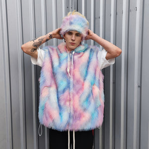 Faux fur luxury jacket handmade pastel fleece rave jacket premium fluffy hooded festival coat barbie bomber tie-dye puffer in pink blue